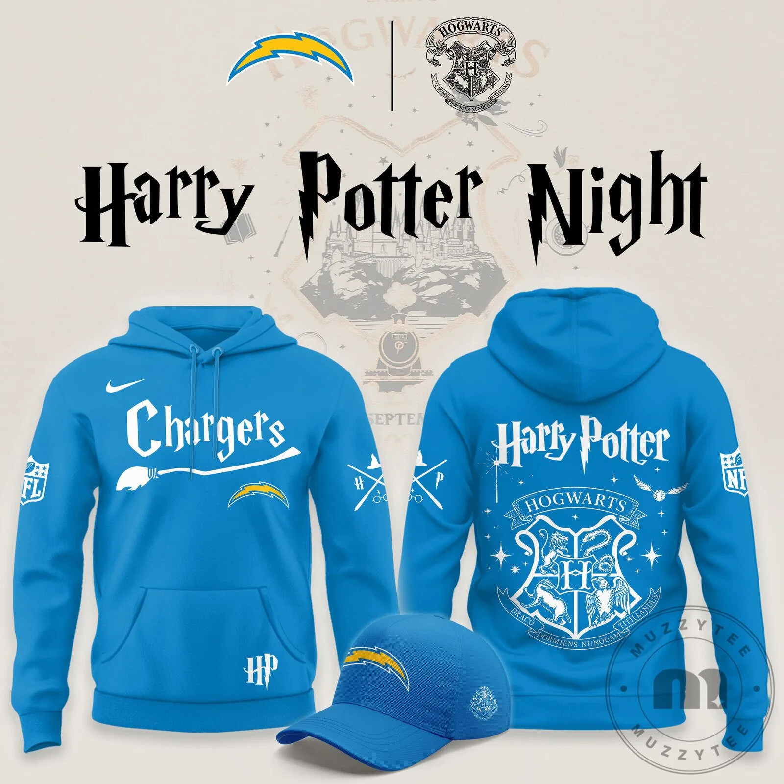 Los Angeles Chargers Harry Potter Night Hogwarts Crest Blue Hoodie