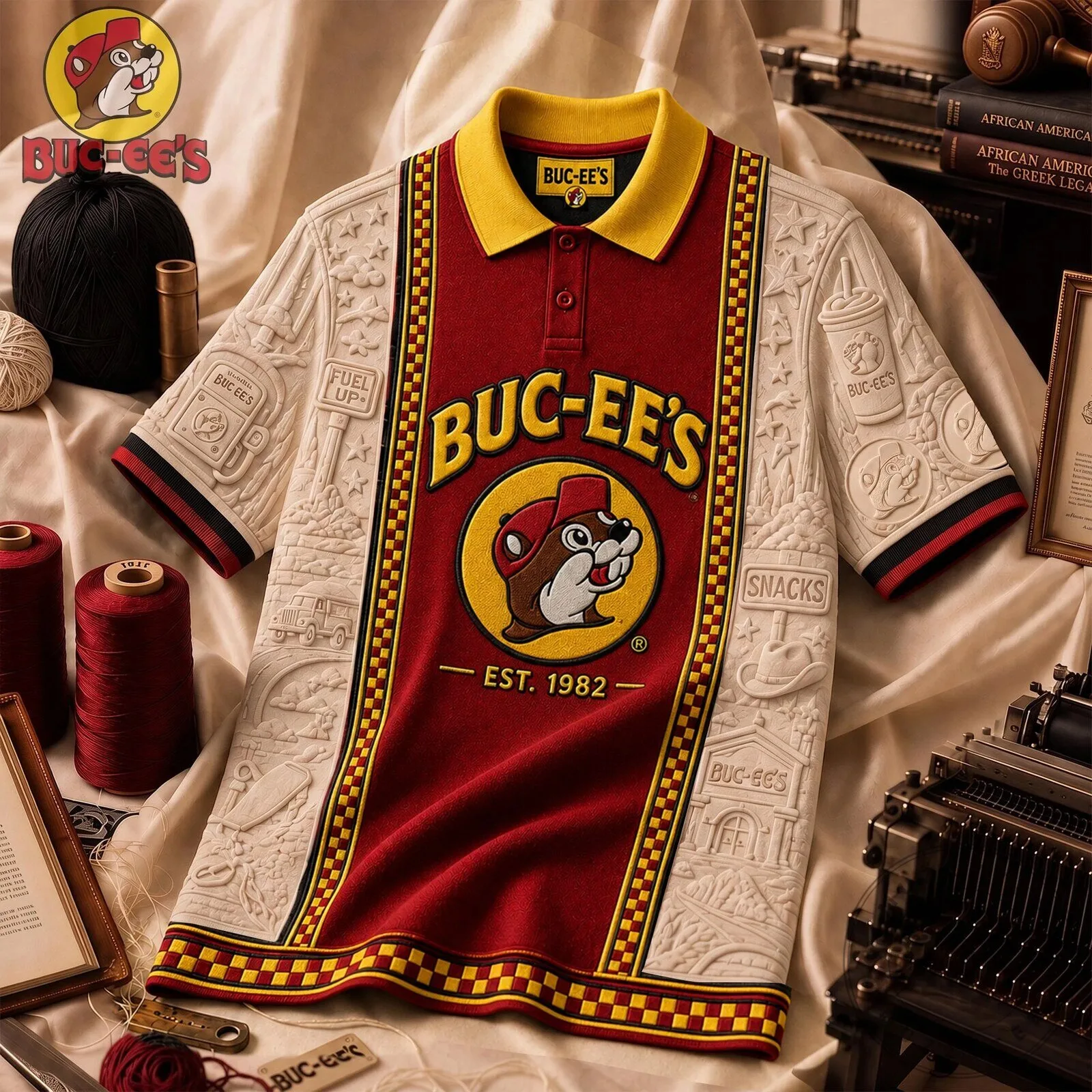 Buc-ee's Beaver Mascot Red and Yellow Patterned Polo Shirt
