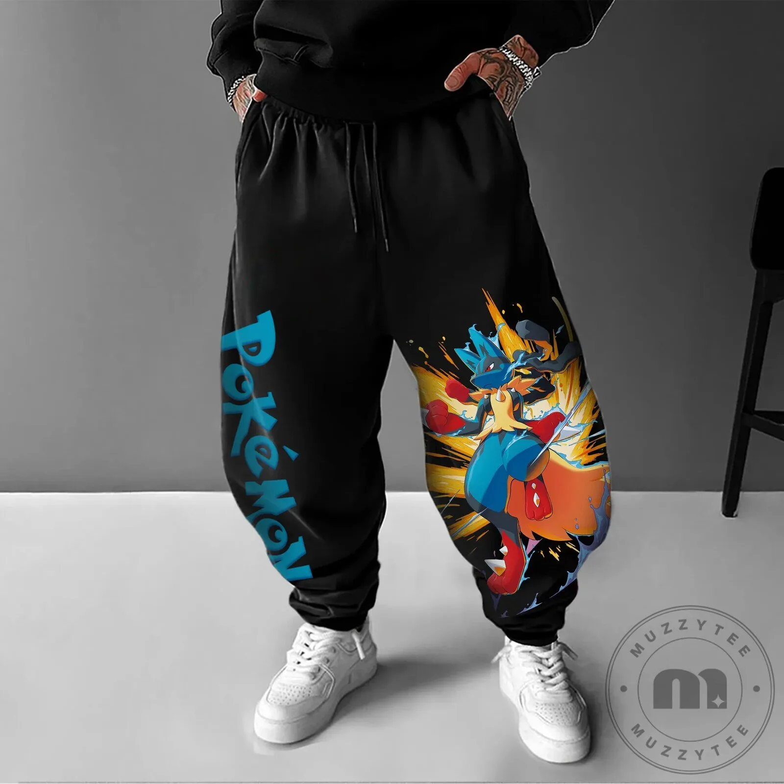 Pokemon Lucario Graphic Print Black Jogger Pants for Men and Women