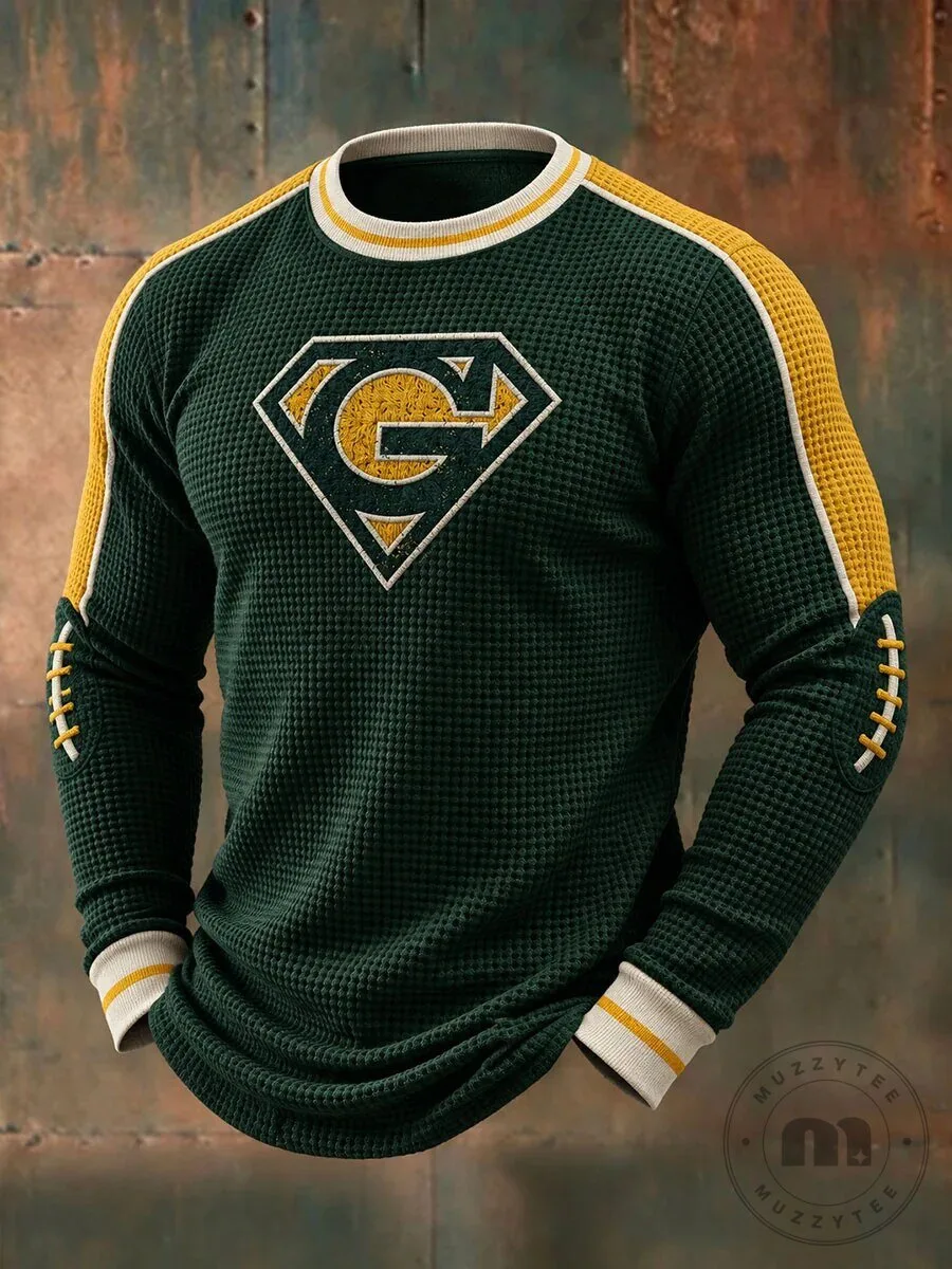 Green Bay Packers Superman Logo Long Sleeve Waffle Knit Shirt for Men