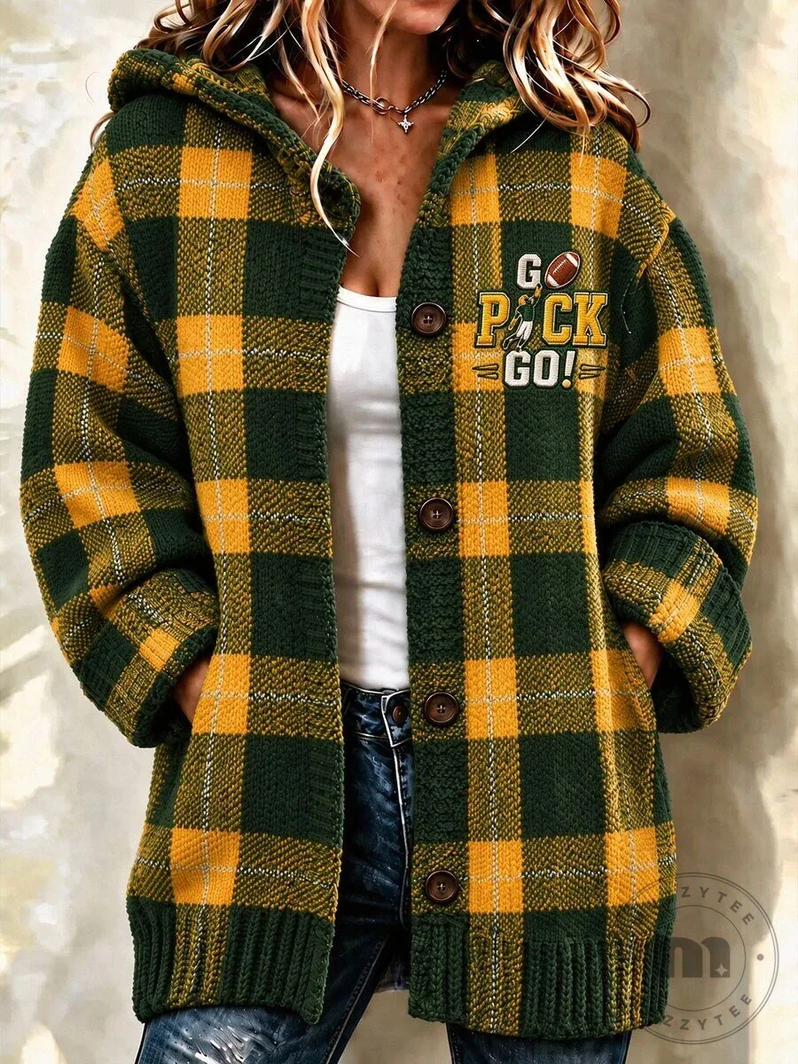 Green Bay Packers Go Pack Go Plaid Hooded Cardigan Sweater for Women 2 Green Bay Packers Go Pack Go Plaid Hooded Cardigan Sweater for Women