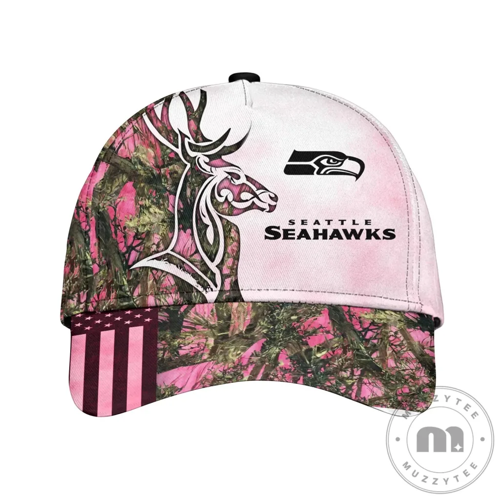Seattle Seahawks Pink Camouflage Deer Hunter American Flag Baseball Cap Hat Seattle Seahawks Pink Camouflage Deer Hunter American Flag Baseball Cap Hat