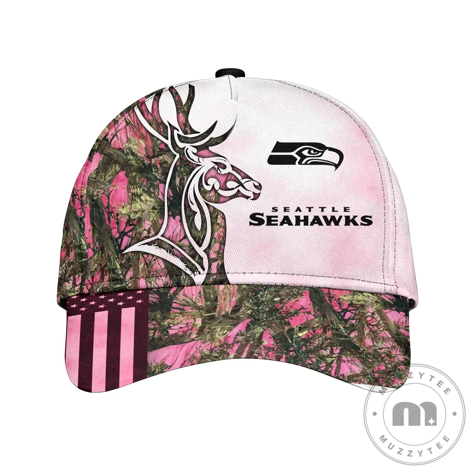 Seattle Seahawks Pink Camouflage Deer Hunter American Flag Baseball Cap Hat