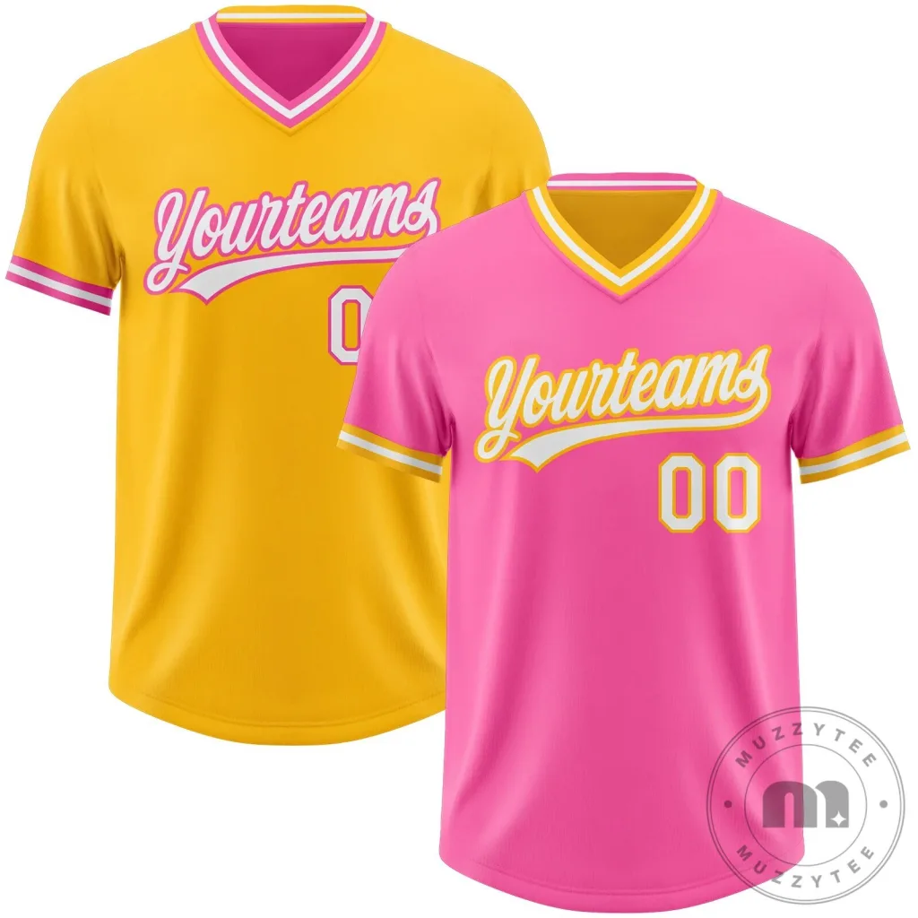 Custom Pink Gold White Reversible V-Neck Baseball Jersey Shirt Custom Pink Gold White Reversible V-Neck Baseball Jersey Shirt
