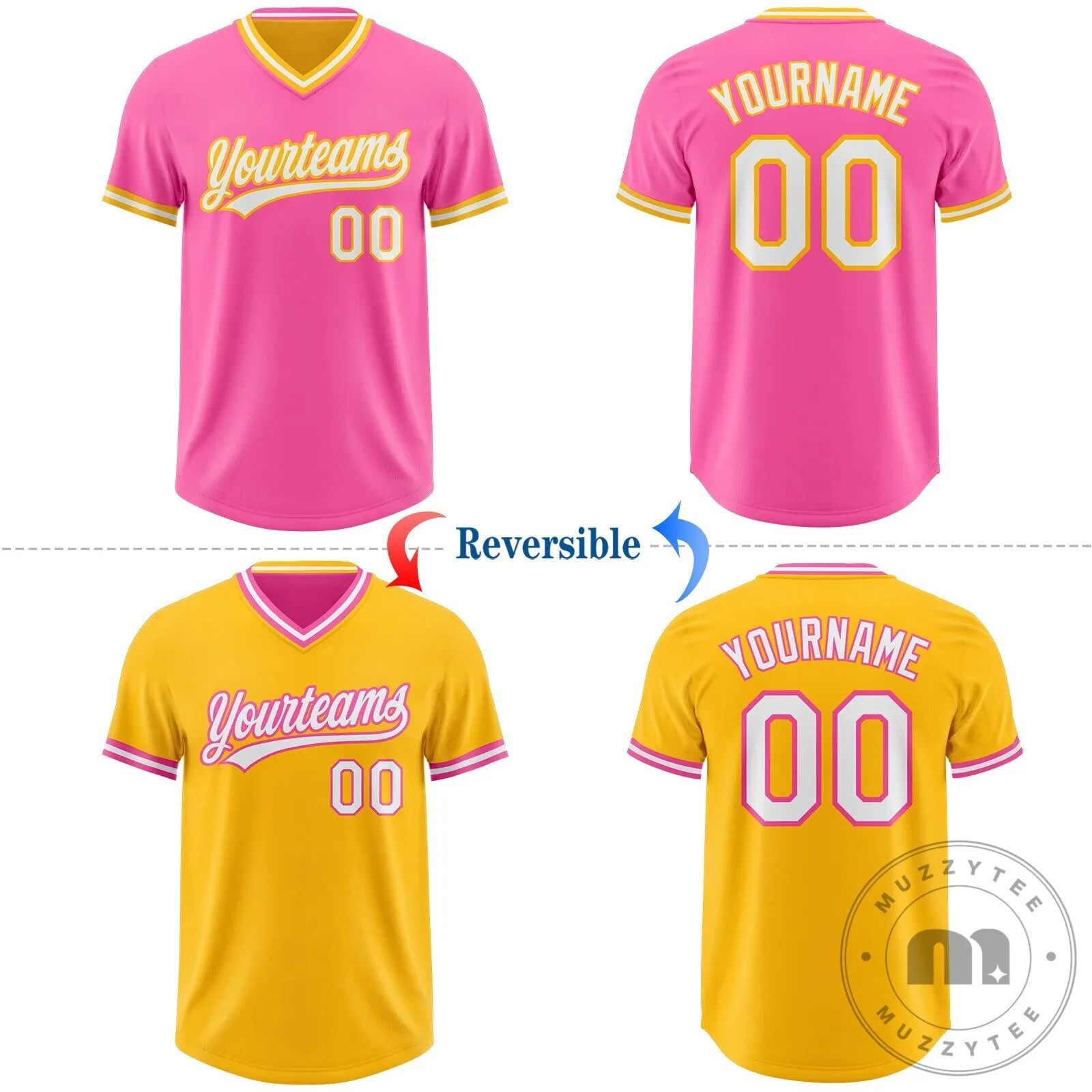 Custom Pink Gold White Reversible V-Neck Baseball Jersey Shirt 10 Custom Pink Gold White Reversible V-Neck Baseball Jersey Shirt