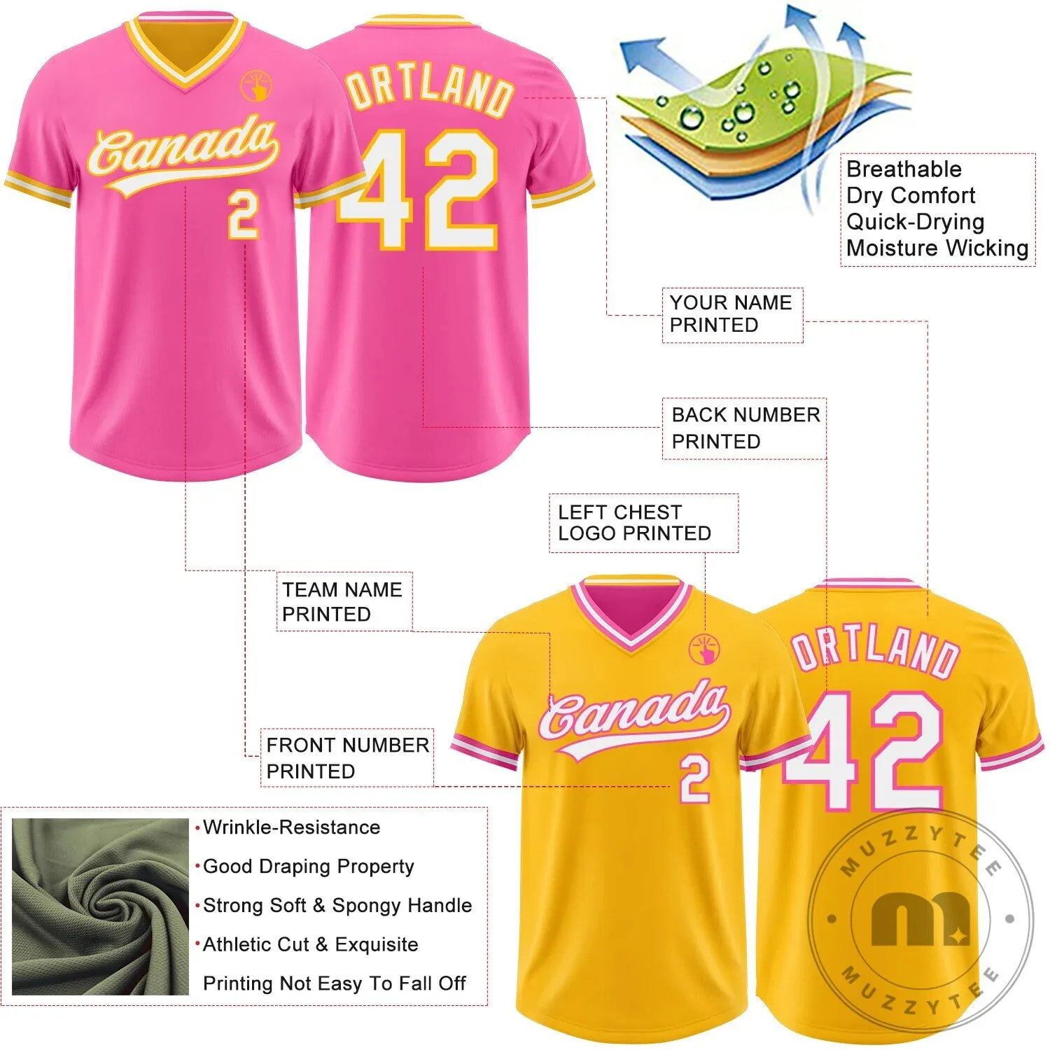 Custom Pink Gold White Reversible V-Neck Baseball Jersey Shirt 13 Custom Pink Gold White Reversible V-Neck Baseball Jersey Shirt