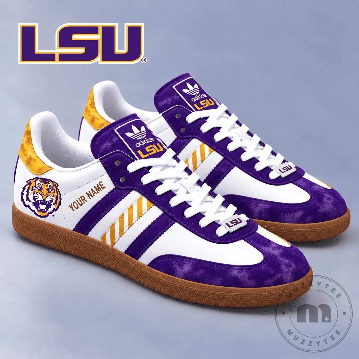 Louisiana State University Tigers Custom Name Purple White Gold Samba Shoes