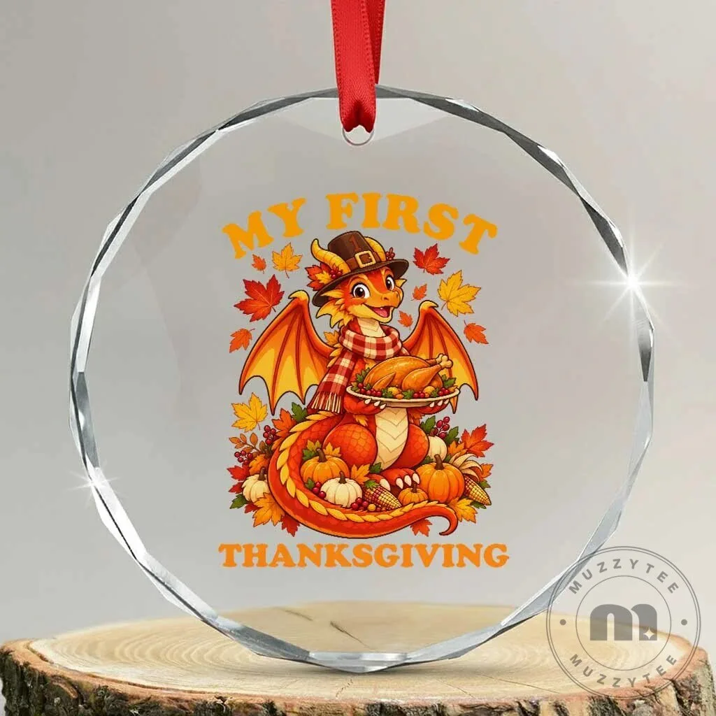 My First Thanksgiving Cute Dragon Wearing Pilgrim Hat Crystal Glass Ornament