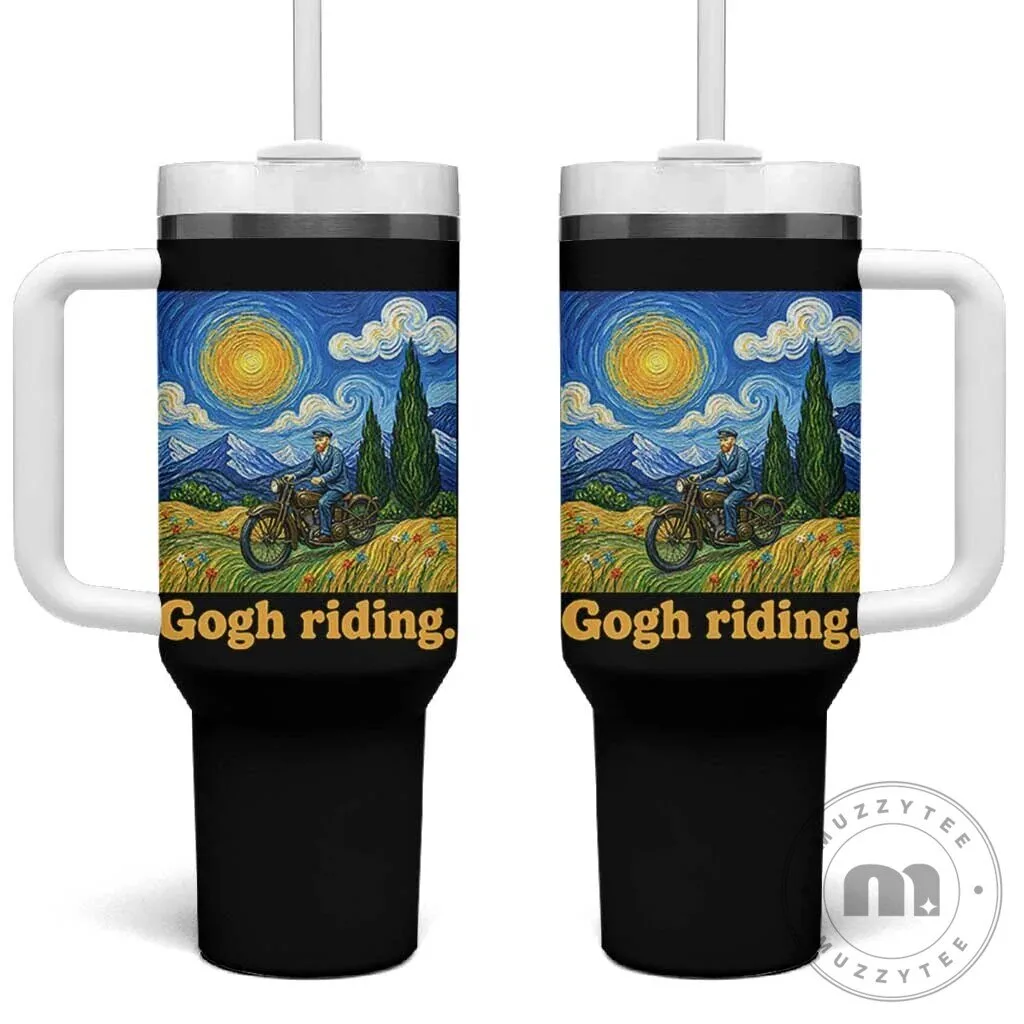 Van Gogh Riding Motorcycle Starry Night Funny Art Insulated Tumbler with Handle