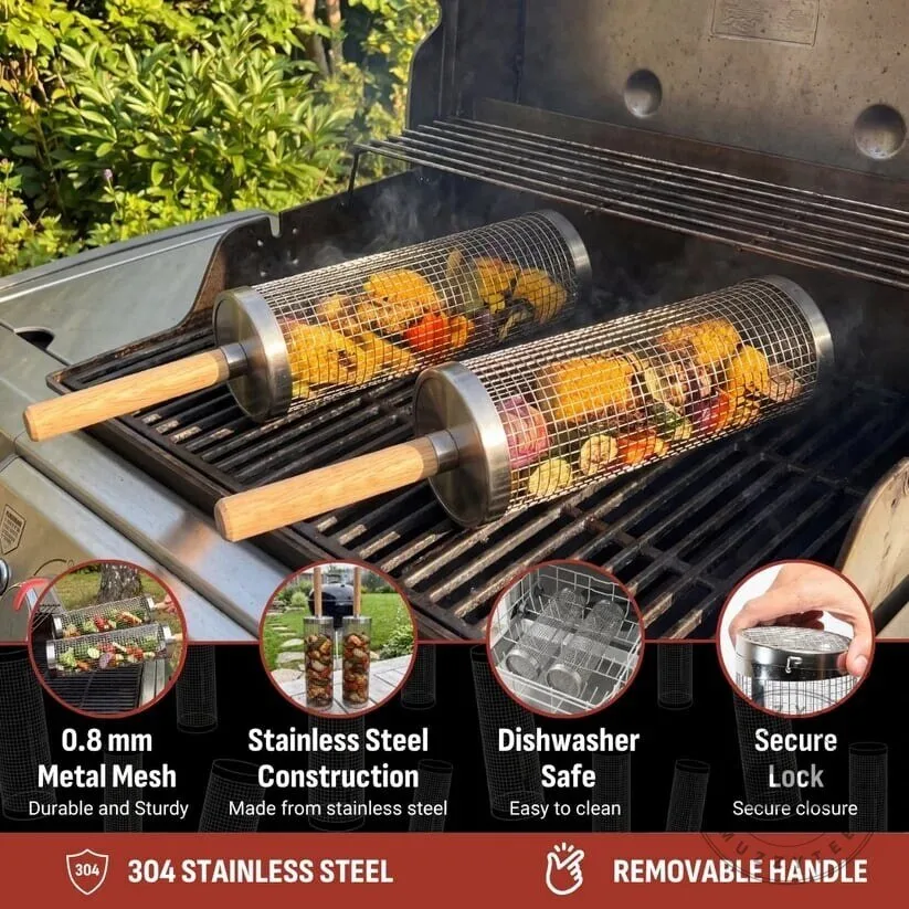Rolling Grill Basket with Wooden Handle - Stainless Steel BBQ Roasting Cylinder 8 Rolling Grill Basket with Wooden Handle - Stainless Steel BBQ Roasting Cylinder