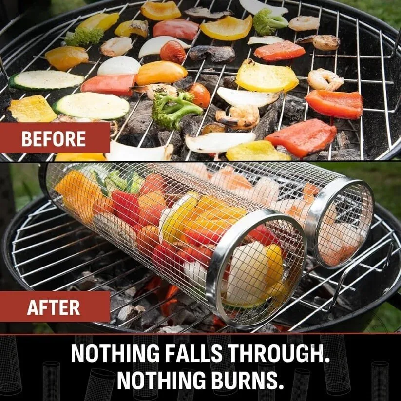Rolling Grill Basket with Wooden Handle - Stainless Steel BBQ Roasting Cylinder 9 Rolling Grill Basket with Wooden Handle - Stainless Steel BBQ Roasting Cylinder