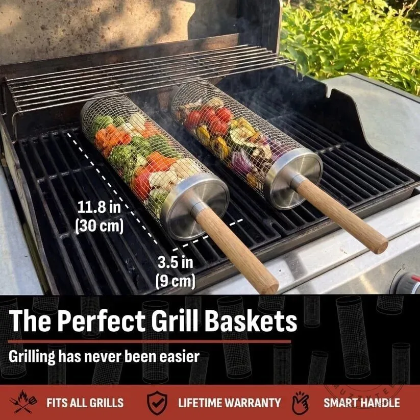Rolling Grill Basket with Wooden Handle - Stainless Steel BBQ Roasting Cylinder 10 Rolling Grill Basket with Wooden Handle - Stainless Steel BBQ Roasting Cylinder