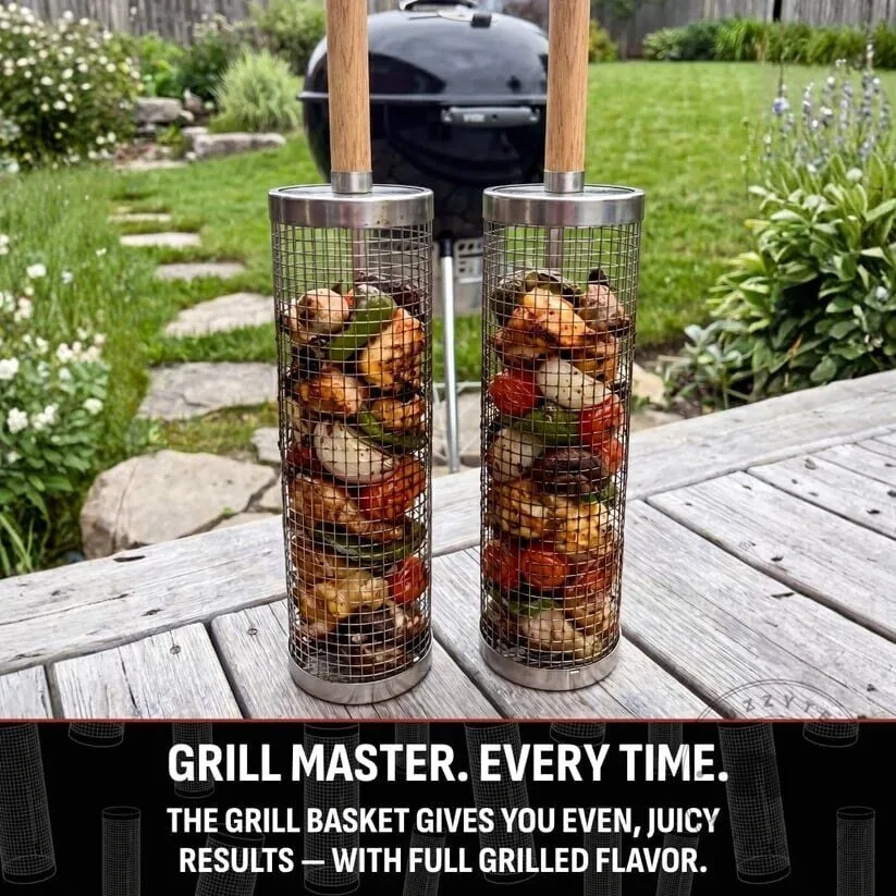 Rolling Grill Basket with Wooden Handle - Stainless Steel BBQ Roasting Cylinder 11 Rolling Grill Basket with Wooden Handle - Stainless Steel BBQ Roasting Cylinder