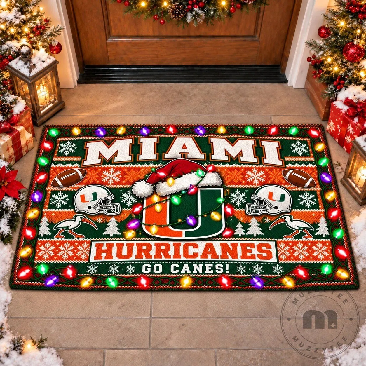 Miami Hurricanes Christmas Ugly Sweater Style Holiday Doormat