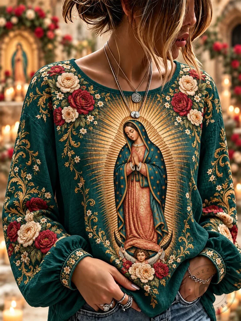 Our Lady of Guadalupe Floral Print Vintage Style Long Sleeve Sweatshirt 5 Our Lady of Guadalupe Floral Print Vintage Style Long Sleeve Sweatshirt
