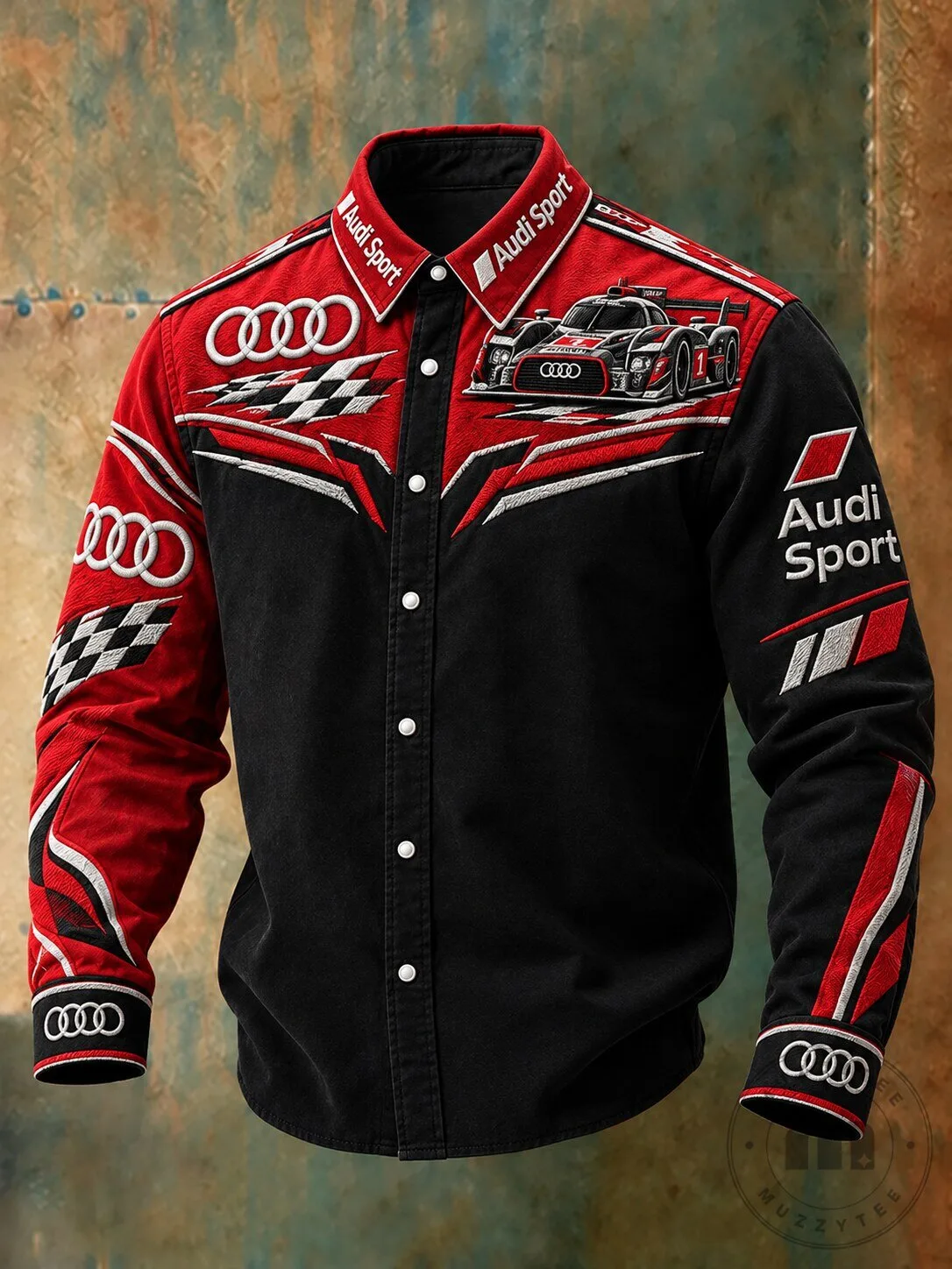 Audi Sport Racing Team Red and Black Long Sleeve Button Up Shirt