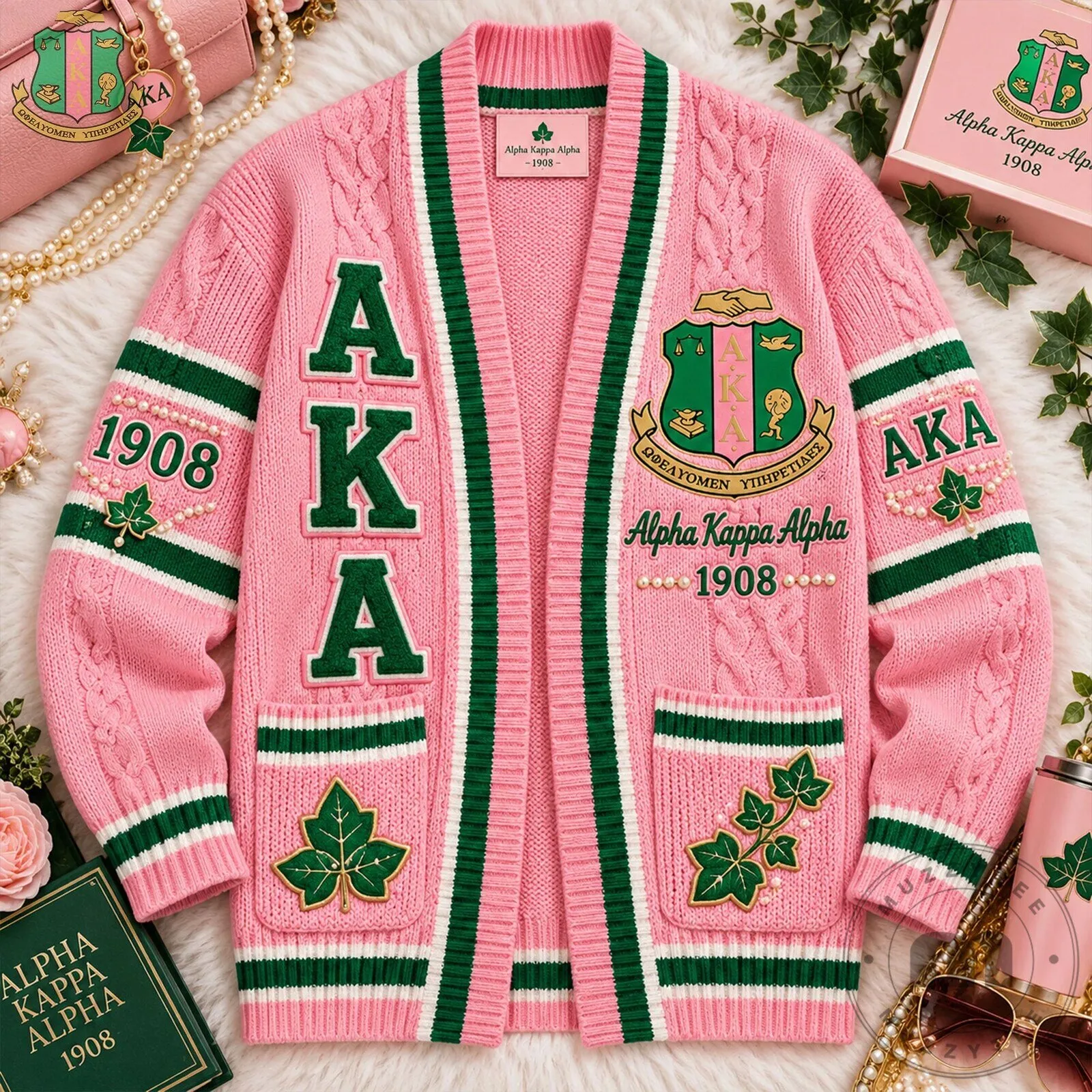 Alpha Kappa Alpha Sorority Pink Cable Knit Cardigan Sweater