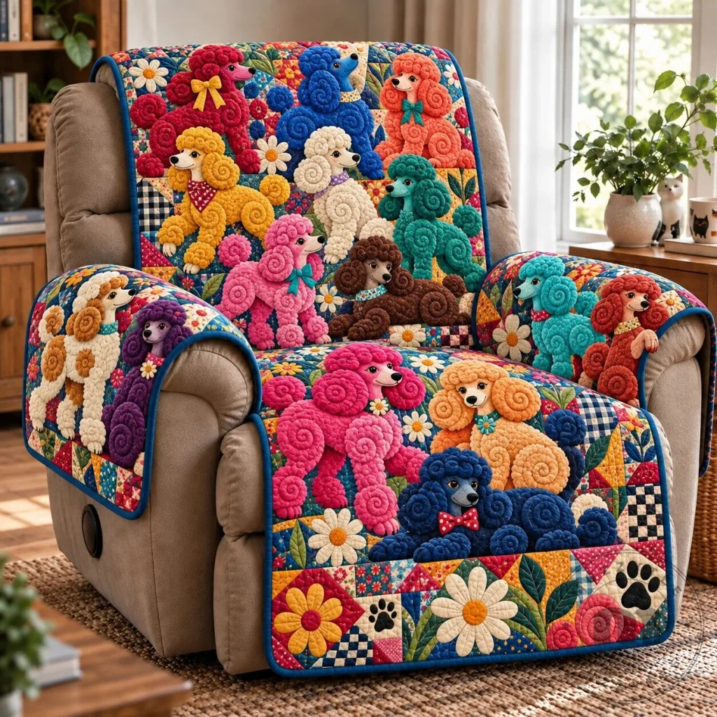 Colorful Poodle Patchwork Quilted Sofa Cover for Living Room Decor