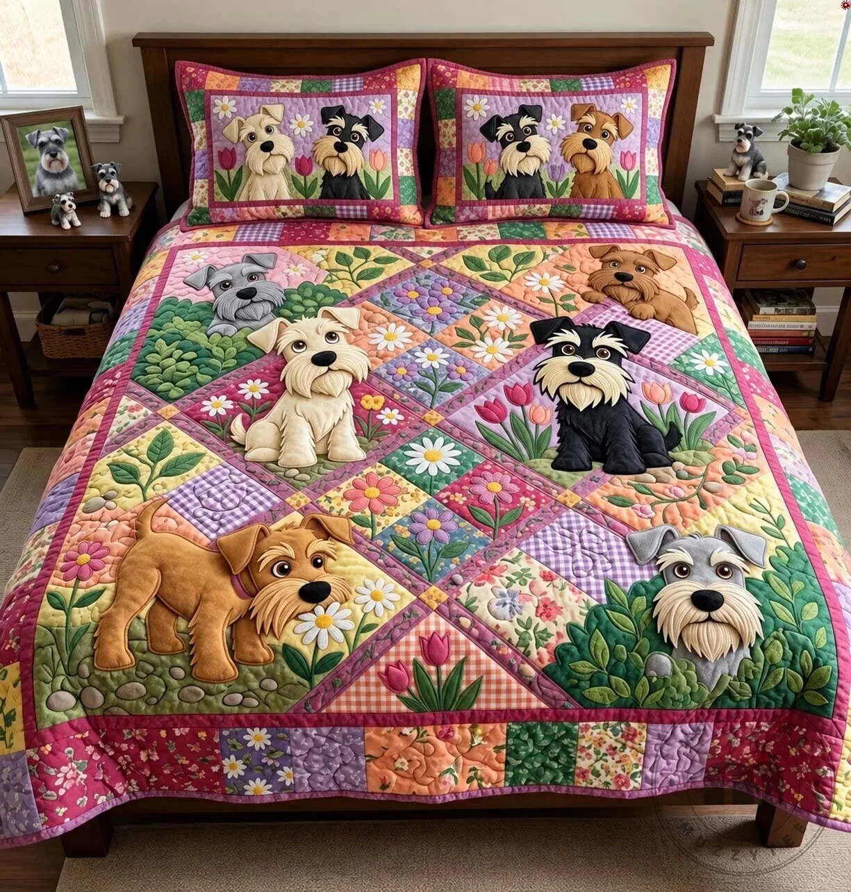 Schnauzer Spring Garden Floral Patchwork Quilted Bedding Set with Pillow Shams