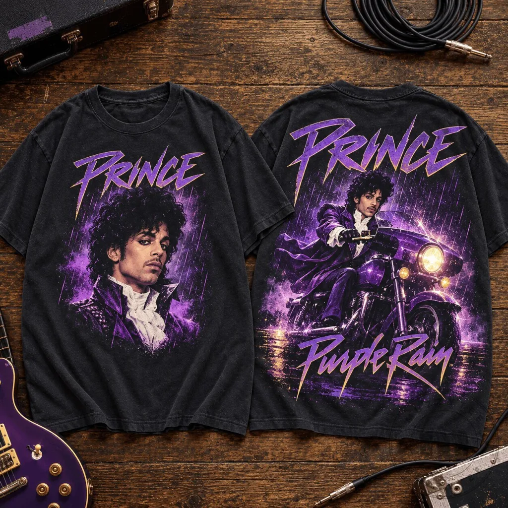 Prince Purple Rain Motorcycle Ride Graphic Design Black Cotton T-Shirt Prince Purple Rain Motorcycle Ride Graphic Design Black Cotton T-Shirt