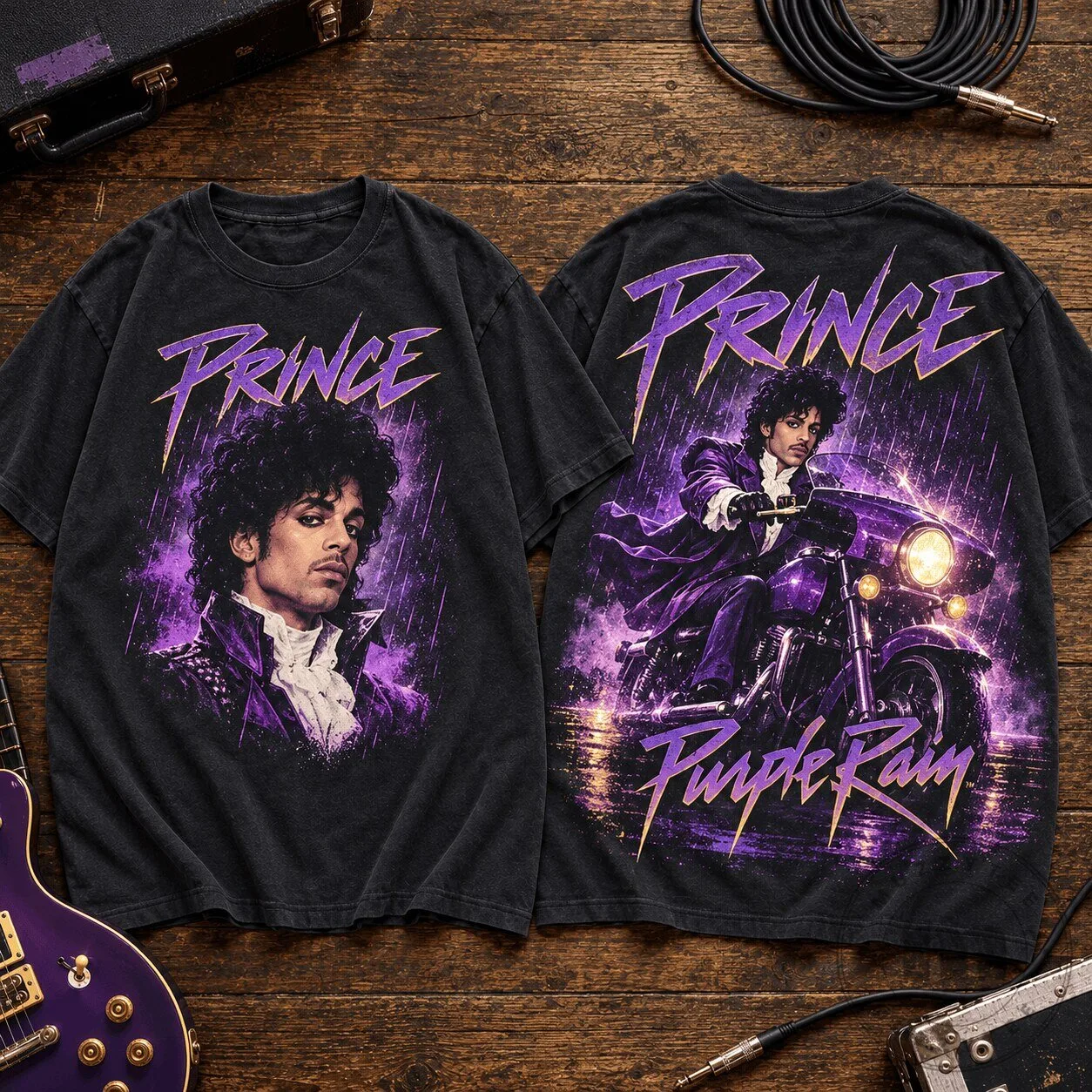 Prince Purple Rain Motorcycle Ride Graphic Design Black Cotton T-Shirt 3 Prince Purple Rain Motorcycle Ride Graphic Design Black Cotton T-Shirt