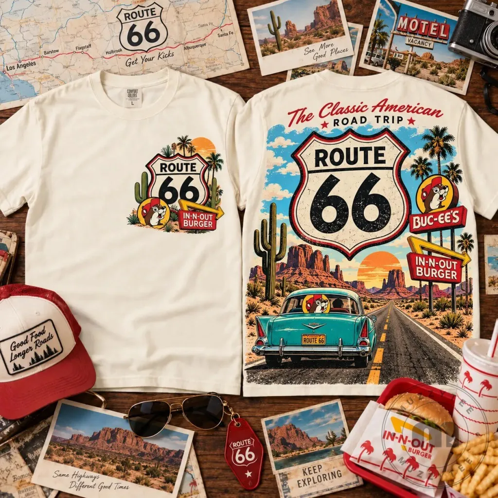 Buc-ee's Route 66 Road Trip In-N-Out Burger Graphic T-Shirt Buc-ee's Route 66 Road Trip In-N-Out Burger Graphic T-Shirt
