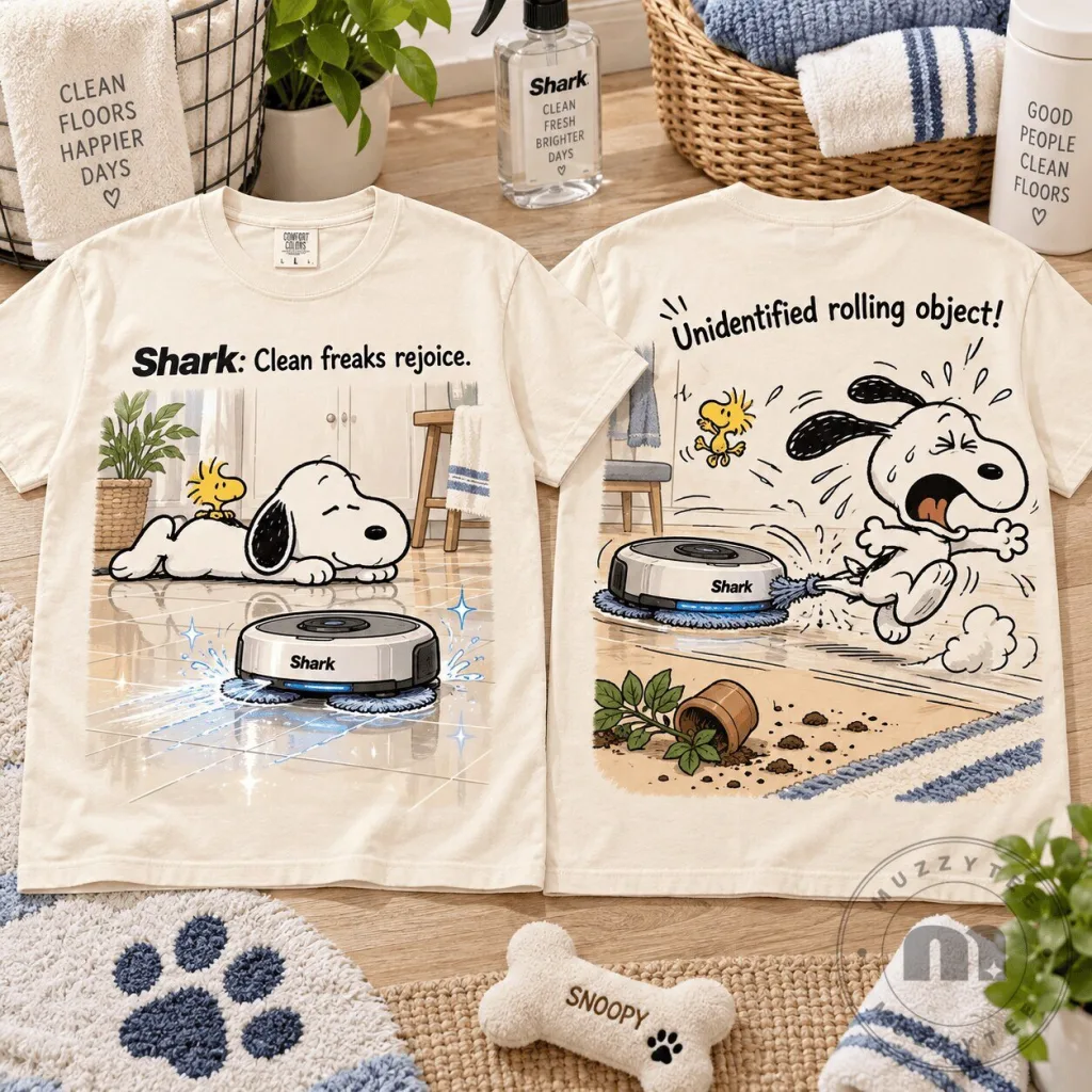 Snoopy Shark Robot Vacuum Cleaning Chaos Cartoon Graphic T-Shirt Snoopy Shark Robot Vacuum Cleaning Chaos Cartoon Graphic T-Shirt